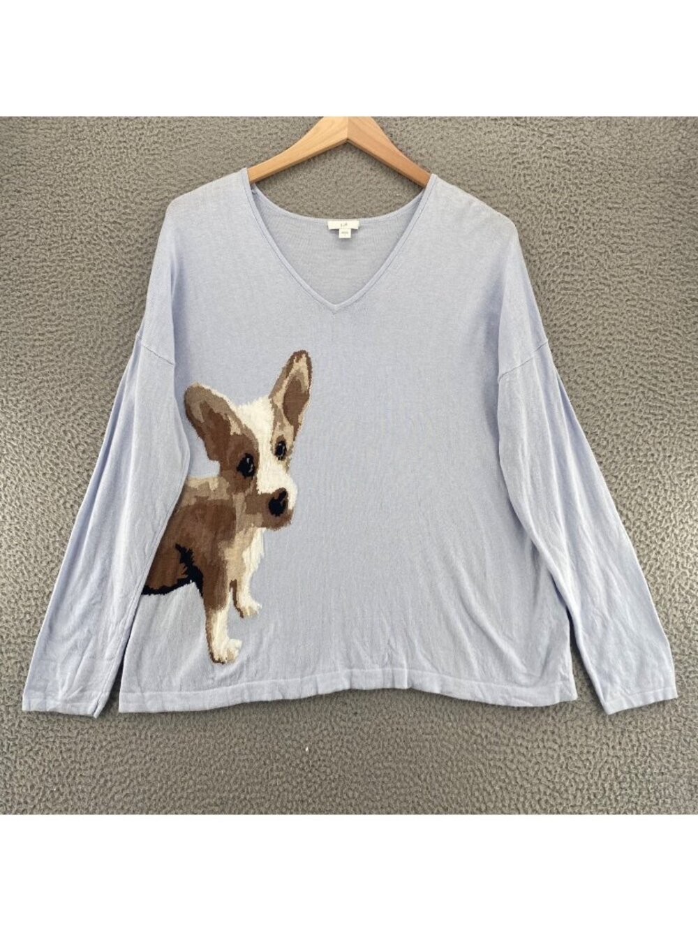 J Jill Sweater Womens Large Periwinkle Dog Intarsia Knit V Neck Tunic Chihuahua